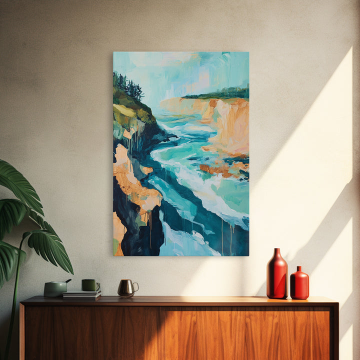 Coastal Cliffs, Nautical Painting, Seascape Painting, Rustic Decor, Extra Wide Art, Above Bed Wall Art, Framed Canvas Print