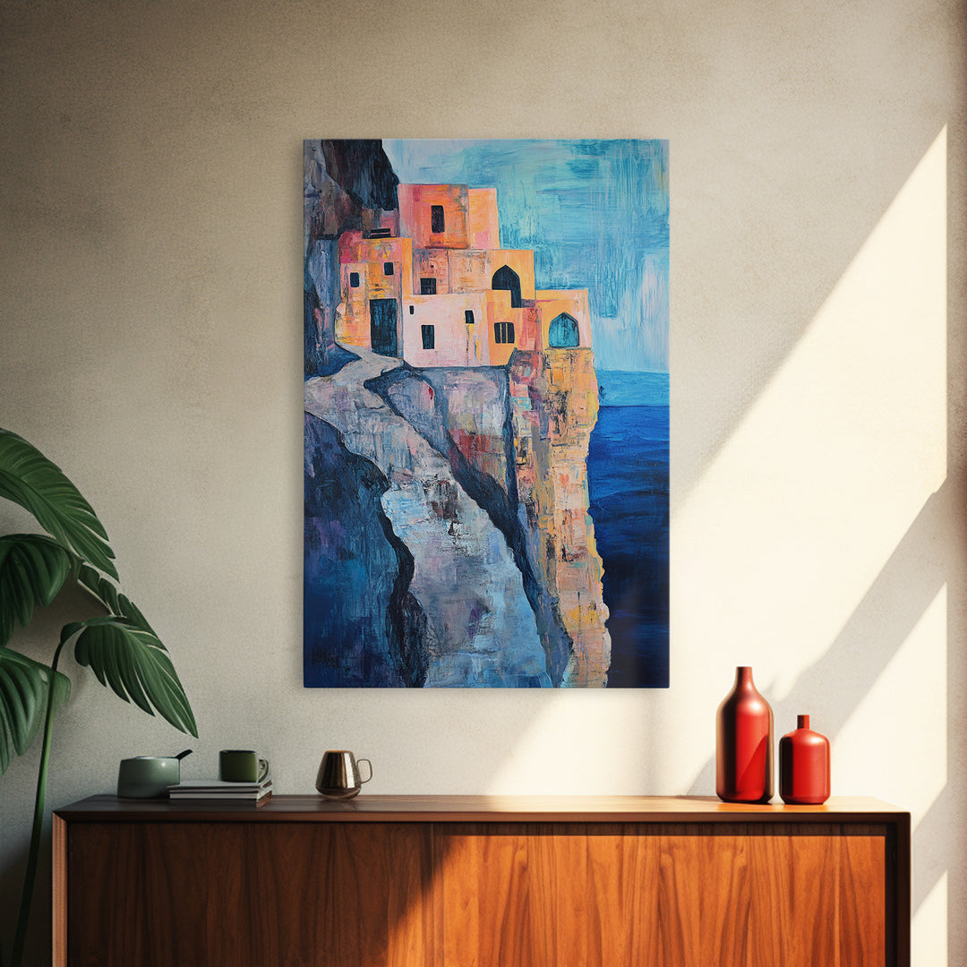 Cliffside Village, Mediterranean Art, Coastal Wall Art, Seascape Painting, Boho Art, Rustic Wall Art, Framed Canvas Print