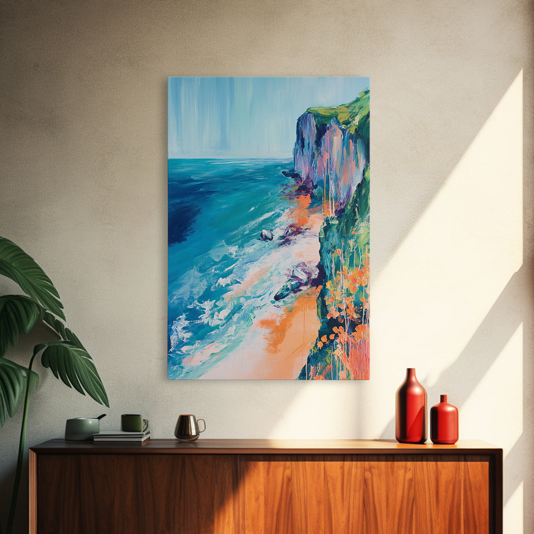 Ocean Cliffs, Coastal Decor, Nautical Wall Art, Landscape Painting, Seascape Painting, California Poppy Art, Canvas Print