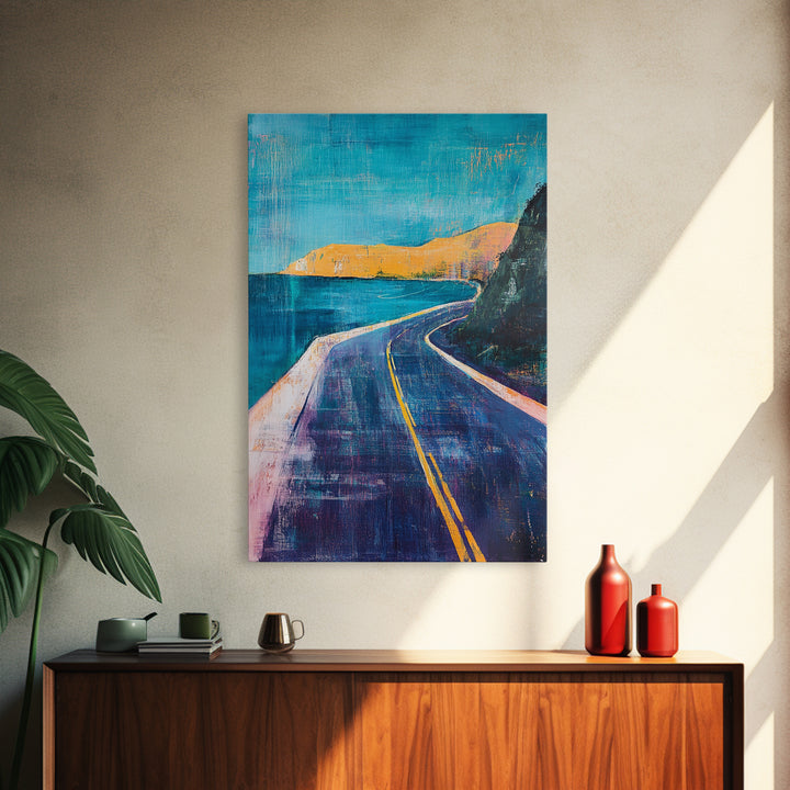 Coastal Highway, surf wall art, coastal decor, scenic road painting, living room art, minimalist art, Framed Canvas Print, gift idea