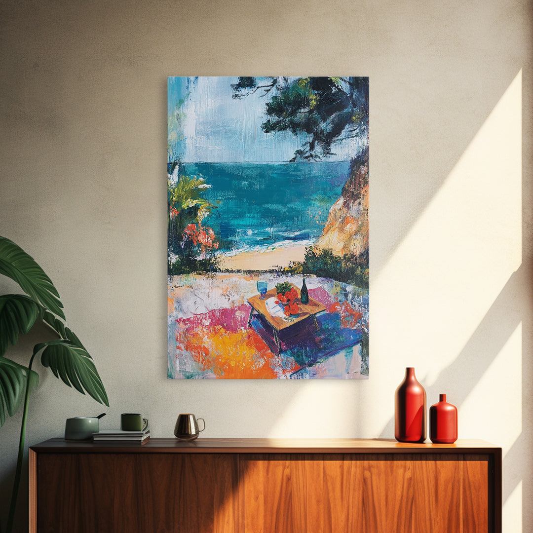 Beach Picnic, coastal cowgirl wall art, nautical decor, food review kitchen art, ocean view, tropical art, Framed Canvas Print, gift idea