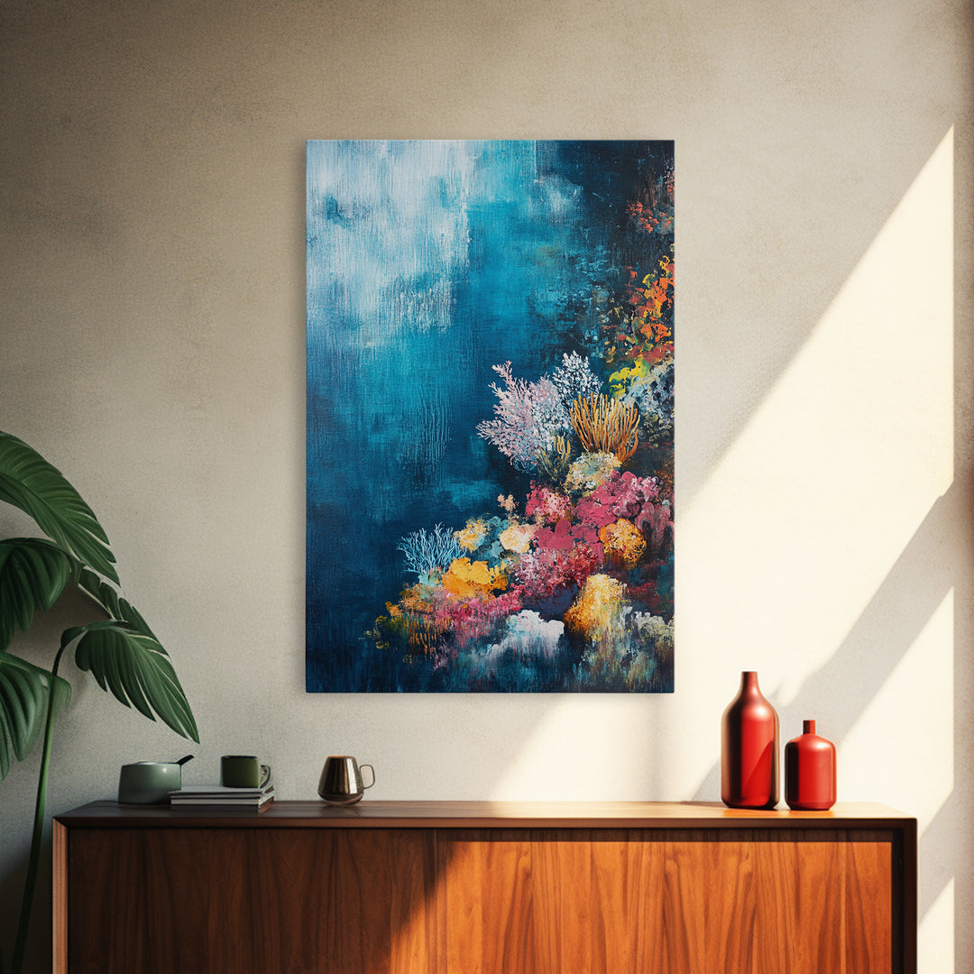 Deep Sea Coral, ocean painting, nautical decor, coastal wall art, blue and green wall art, above sofa art, Framed Canvas Print, gift idea