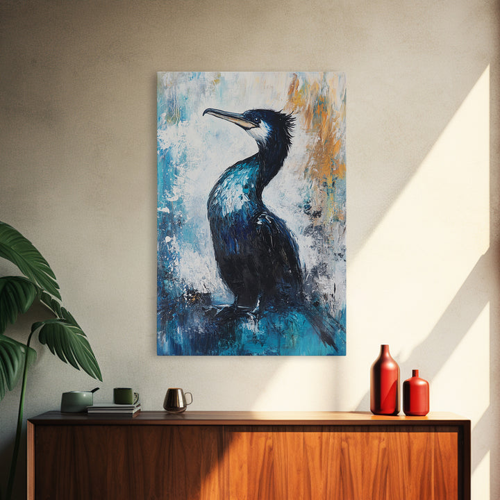 Blue Heron, bird art, rustic wall art, coastal landscape art, moody art, wildlife painting, Framed Canvas Print, nature-inspired decor