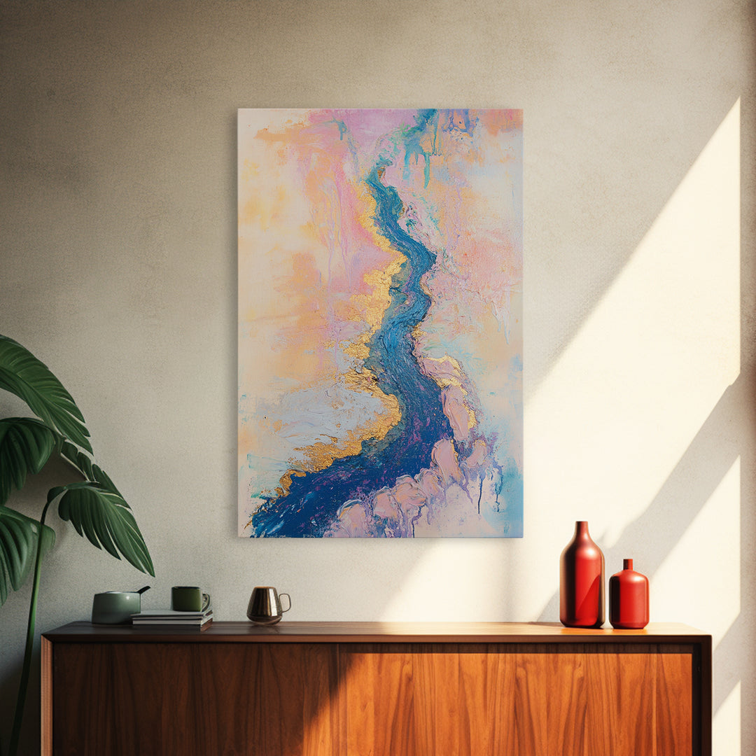 River Gold, gemstone painting, abstract landscape painting, pastel wall art, wabi sabi wall art, Framed Canvas Print, gift idea for her