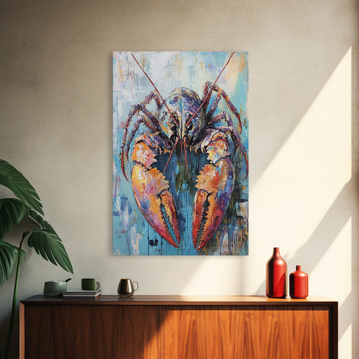 crayfish painting, rustic wall art, framed canvas print, nautical decor, seafood kitchen art, Maine oil painting, farmhouse art