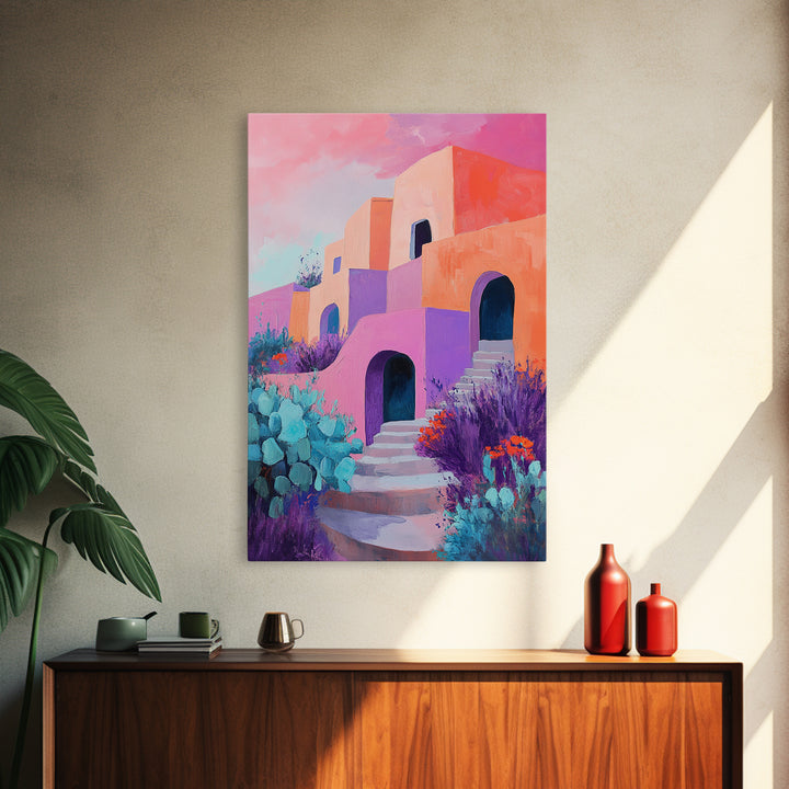 Desert House, Southwest Art, Colorful Adobe Painting, Boho Wall Art, Pink Orange Wall Art, Living Room Art, Framed Canvas Print