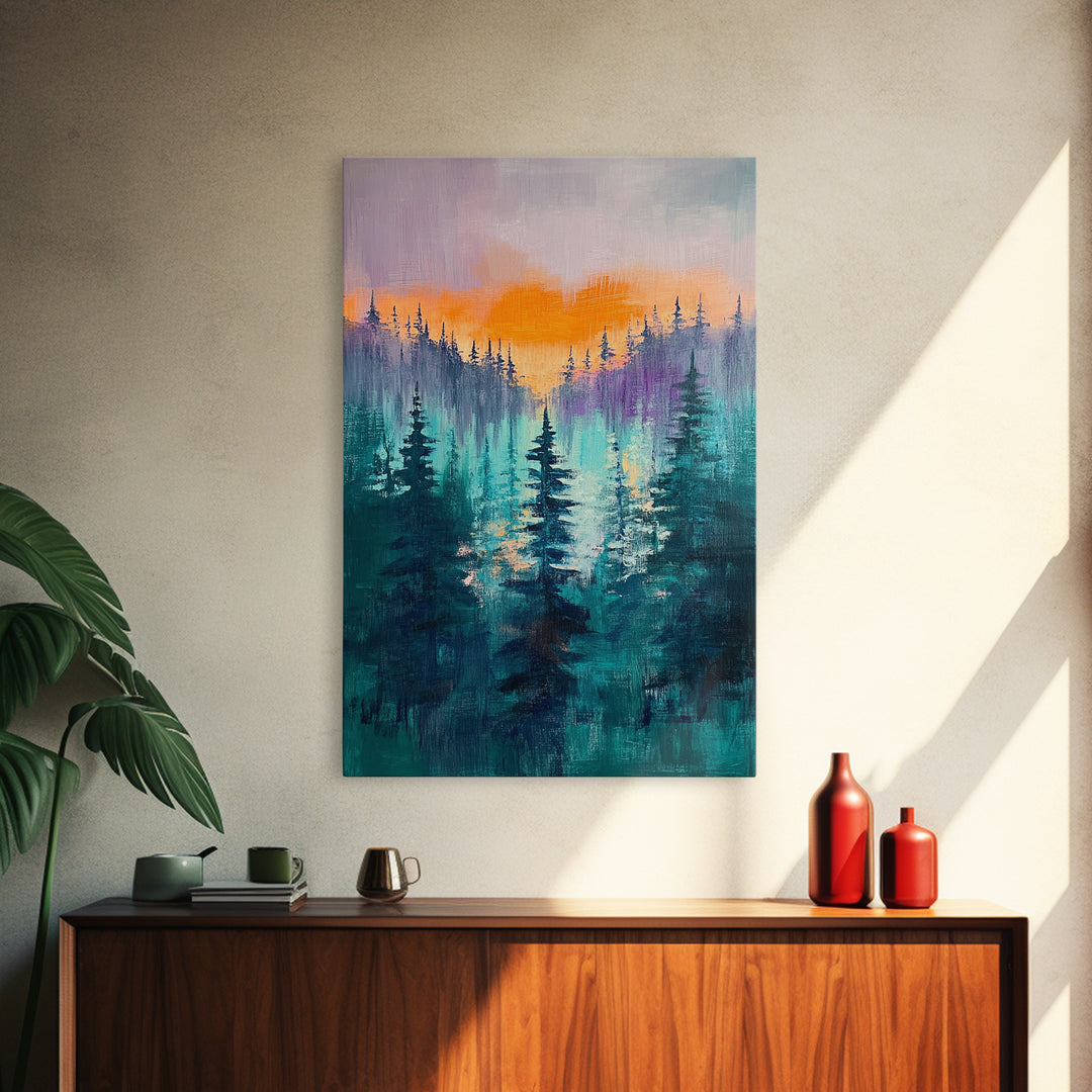 pine tree art, landscape painting, framed canvas print, mountain painting, forest at dusk painting, rustic wall art, gift idea