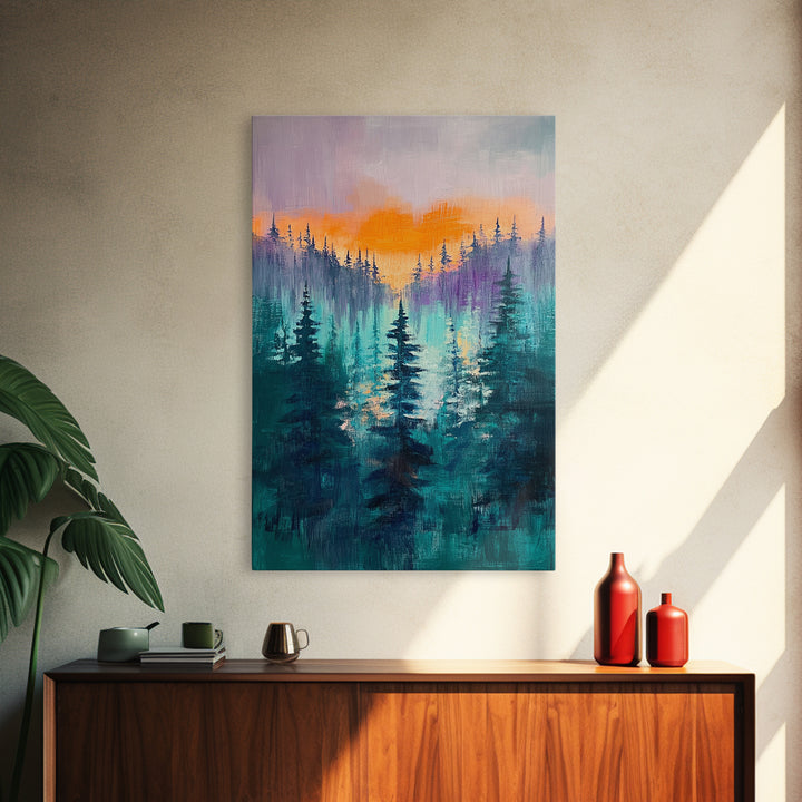 pine tree art, landscape painting, framed canvas print, mountain painting, forest at dusk painting, rustic wall art, gift idea