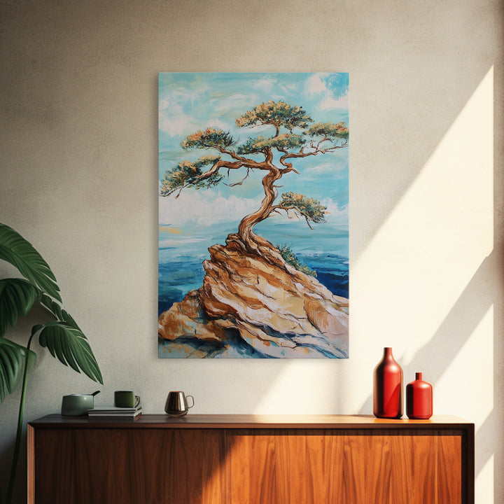 Bonsai Cliff, Pine Tree Art, Coastal Landscape Art, Nautical Decor, Coastal Wall Art, Canvas Print, Living Room Art, Gift Idea