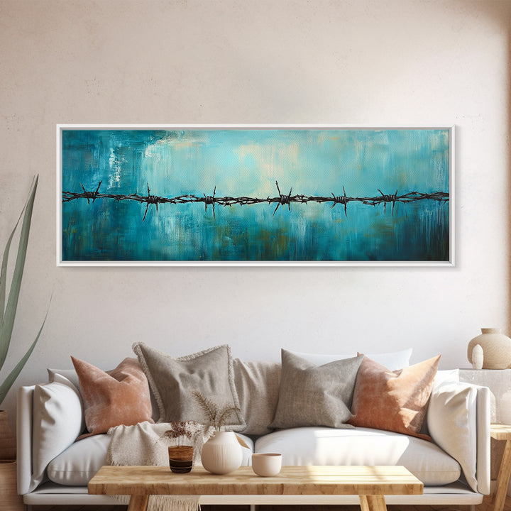 Barbed Wire Minimalist Painting, Blue and Black Modern Wall Art, Industrial Urban Aesthetic, Bold Statement Office, Canvas Print