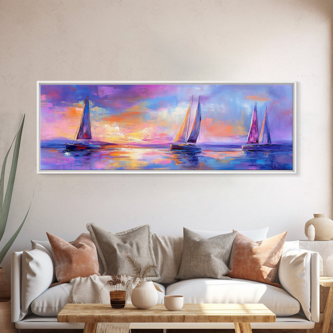 Sailboats at Sunset Framed Canvas Print Nautical Wall Art, Vibrant Ocean Painting, Coastal Home Decor, Large Living Room Artwork