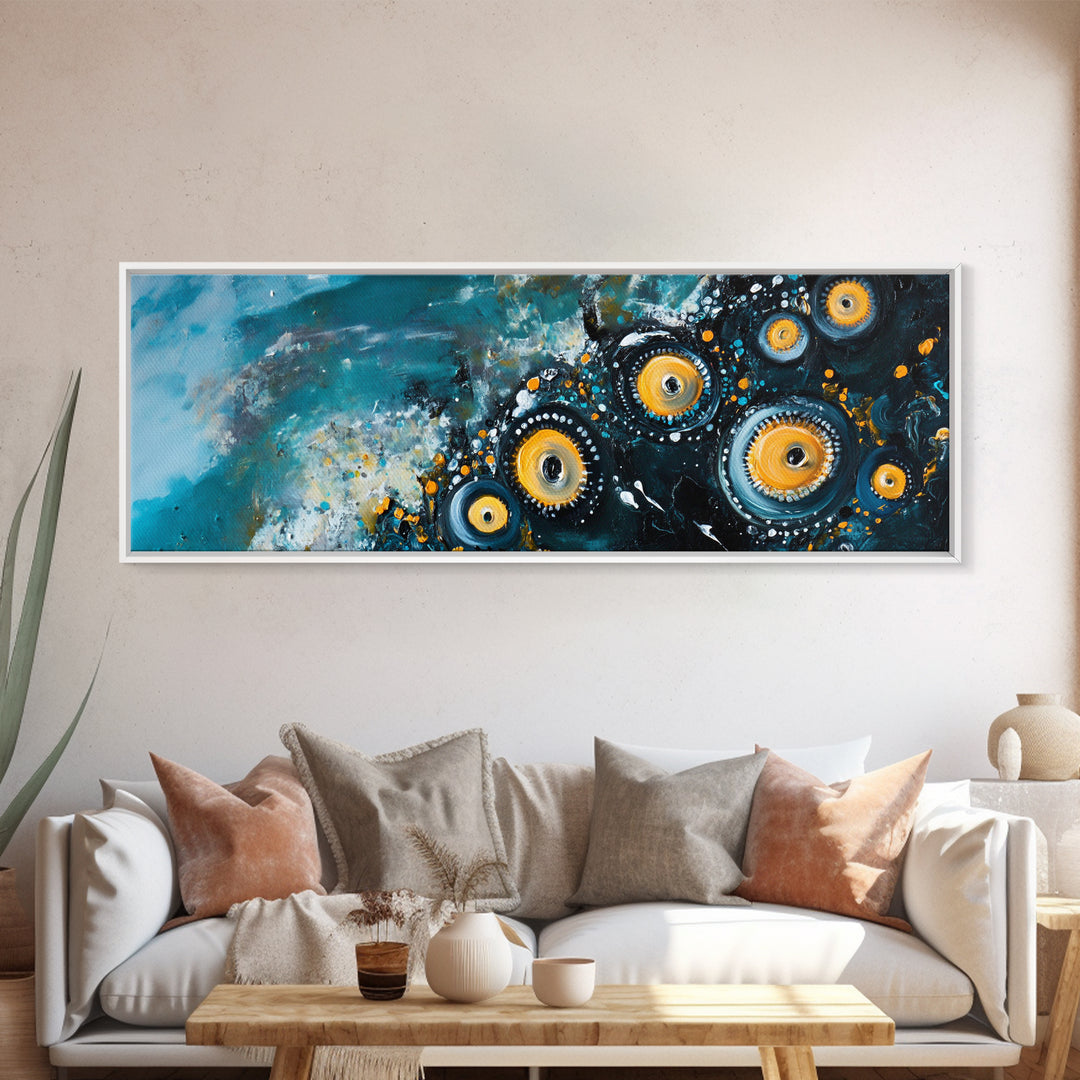 Abstract Cosmic Eye Painting, Modern Celestial Art, Blue and Gold Surreal Wall Decor, Unique Living Room, Framed Canvas Print