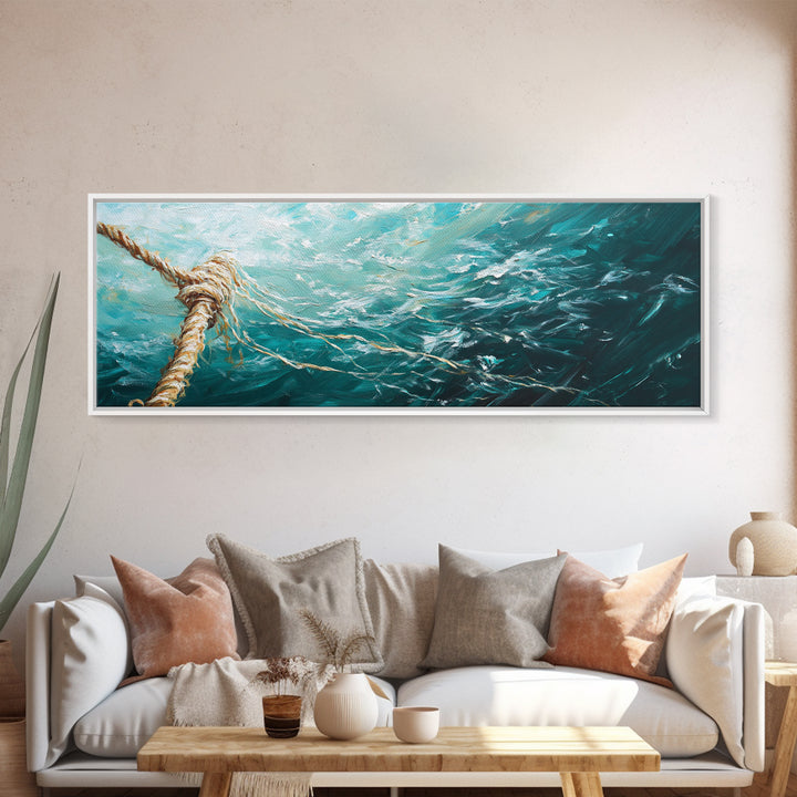Ocean Rope Waves Canvas Print Nautical Wall Art Beach House Decor Coastal Blue Artwork Framed Seascape Living Room Wall Art