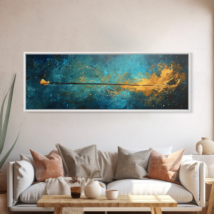 Cosmic Fishing Line Canvas Print Abstract Space Wall Art Gold and Blue Modern Artwork Celestial Decor Living Room Framed Art