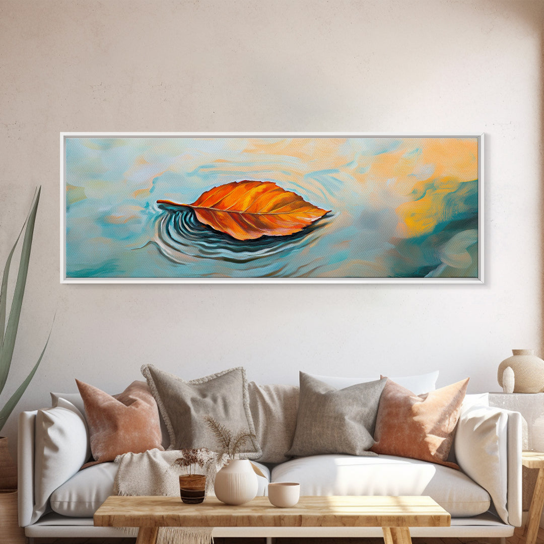 Autumn Leaf Water Ripples Canvas Print Fall Wall Art Nature Inspired Artwork Boho Home Decor Framed Minimalist Modern Print