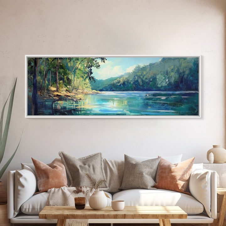 River Valley Framed Canvas Print Tranquil Nature Wall Art, Lush Green Landscape, Summer Cabin Artwork, Rustic Living Room Decor