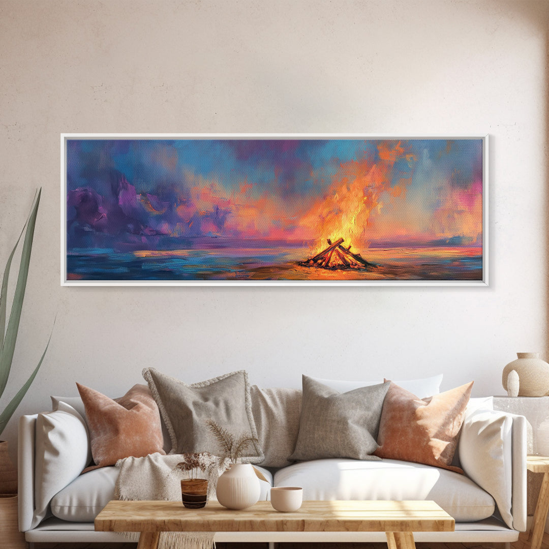 Beach Bonfire Sunset Painting, Vibrant Coastal Seascape Art, Ocean Night Sky Wall Decor, Warm Living Room, Framed Canvas Print