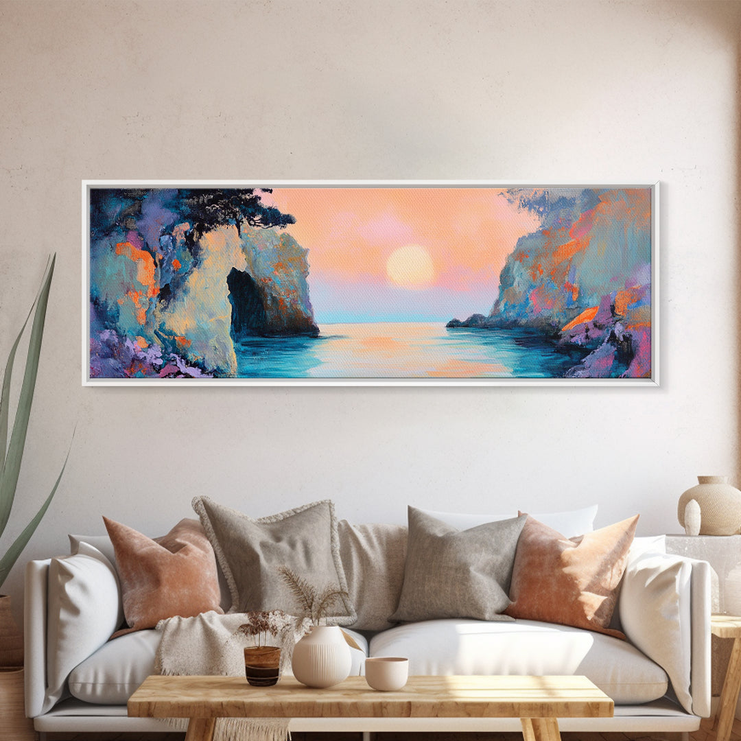 Romantic Sunset Bay Framed Canvas Print Coastal Landscape Wall Art Pastel Tones Boho Home Decor Bedroom Living Room Gift