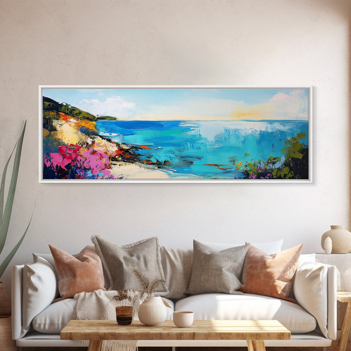 Coastal Cliffside Beauty Framed Canvas Print Impressionist Ocean Wall Art Vibrant Seaside Home Decor Living Room Gift