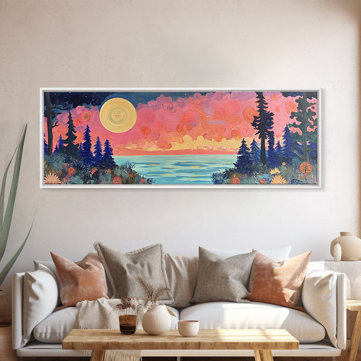 Mystical Moonlight Landscape Framed Canvas Print, Dreamy Forest Art, Boho Sunset Wall Art, Celestial Painting, Living Room Decor