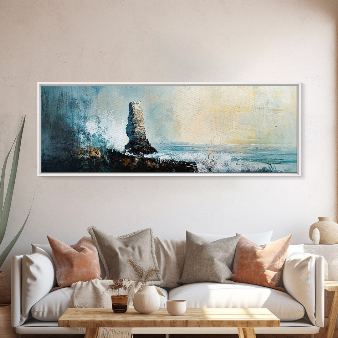 Dramatic Ocean Waves Framed Canvas Print, Moody Seascape Wall Art, Stormy Coastal Painting, Nautical Home Decor, Minimalist Art