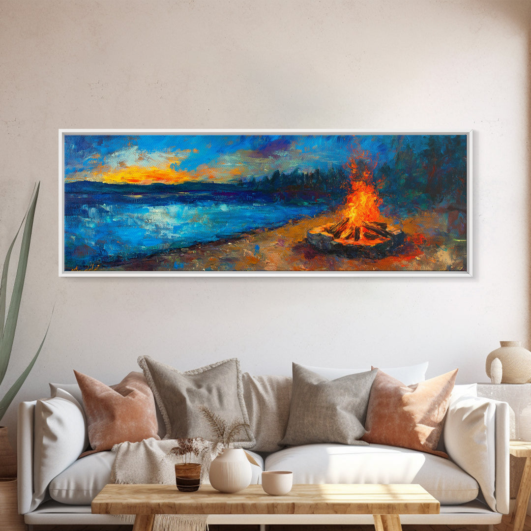 Cozy Campfire Night Painting, Rustic Cabin Decor, Warm Autumn Wall Art, Outdoor Adventure Art, Living Room Wall Art