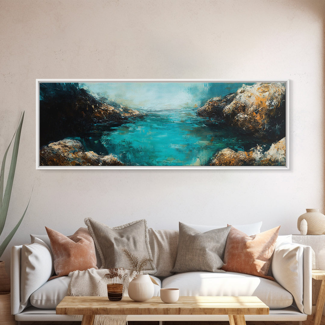 Rocky Cove Ocean Art Framed Canvas Print Textured Seascape Wall Decor Coastal Home Accent Nautical Painting Bedroom or Living Room Gift