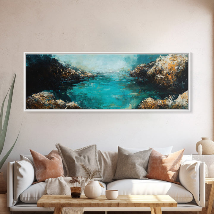 Rocky Cove Ocean Art Framed Canvas Print Textured Seascape Wall Decor Coastal Home Accent Nautical Painting Bedroom or Living Room Gift