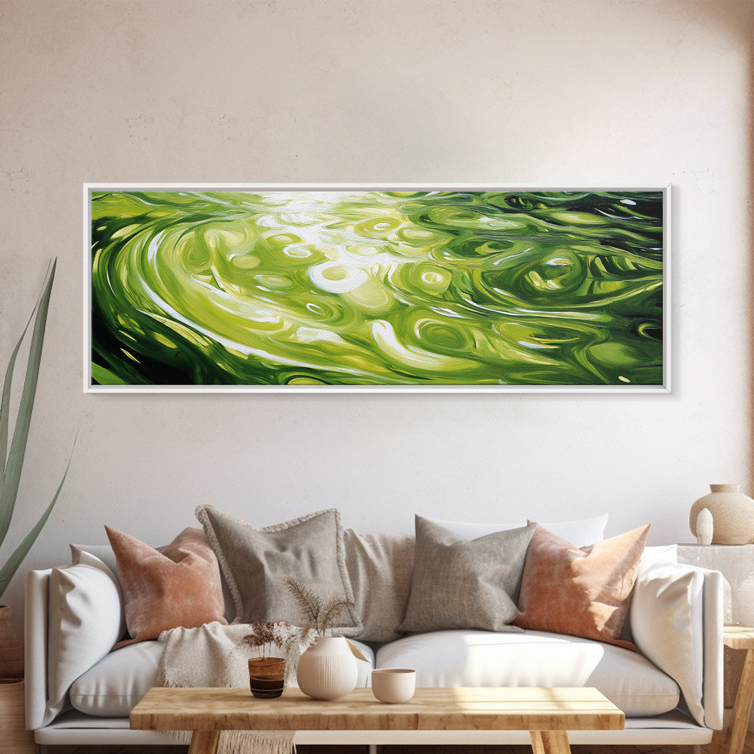 Abstract Green Swirl Painting, Modern Contemporary Wall Art, Nature Inspired Water Reflection, Trendy Office, Framed Canvas Print