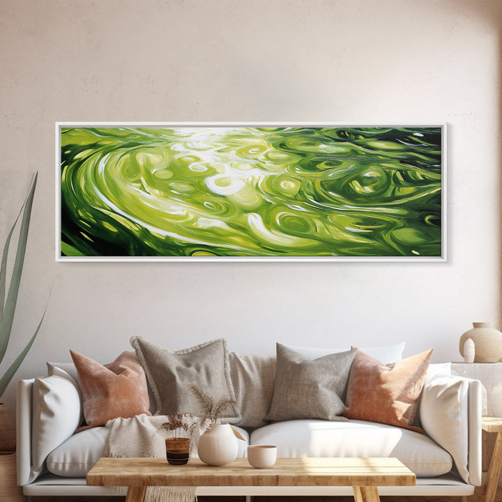 Abstract Green Swirl Painting, Modern Contemporary Wall Art, Nature Inspired Water Reflection, Trendy Office, Framed Canvas Print