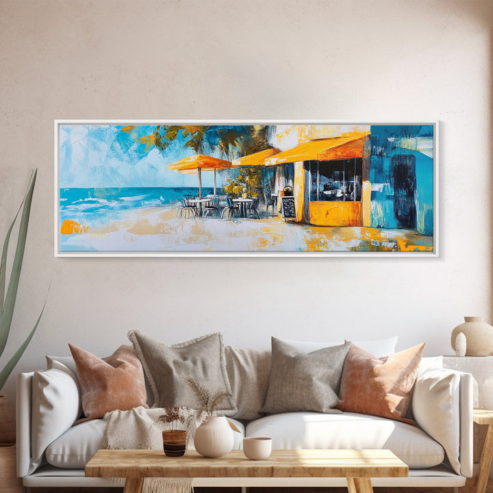 Beachfront Café Painting, Rustic Coastal Restaurant Art, Vibrant Nautical Wall Decor, Warm and Inviting Kitchen, Canvas Print