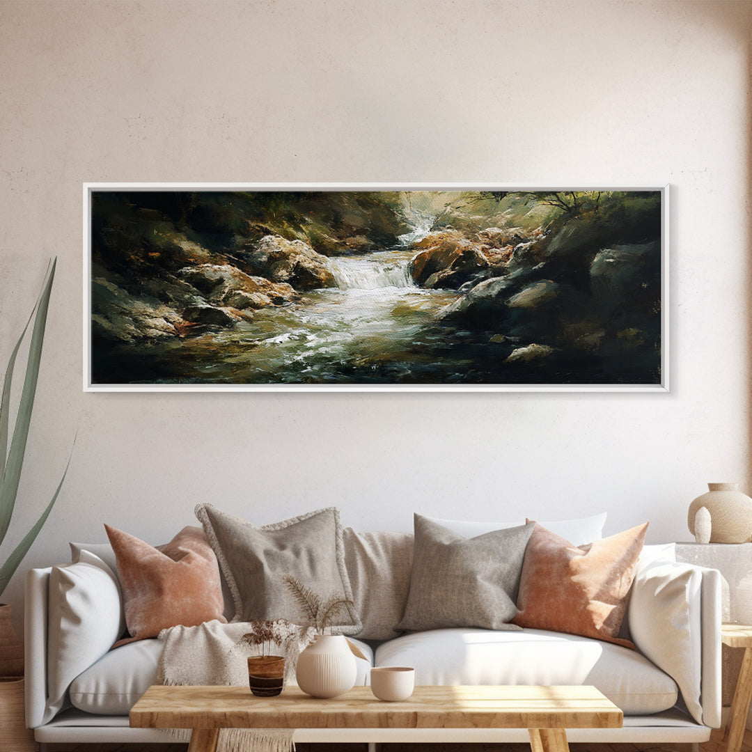 River Rapids Framed Canvas Print Rustic Nature Art, Flowing Water Painting, Cabin Wall Decor, Landscape Artwork, Lodge Decor