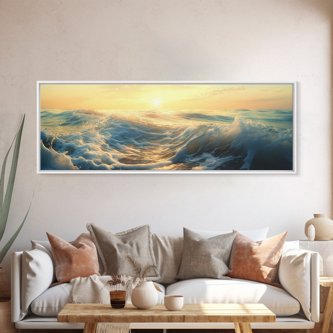 Ocean Sunset Canvas Print Coastal Waves Painting, Golden Horizon Seascape, Nautical Wall Decor, Beach House Art, Bedroom Wall Art