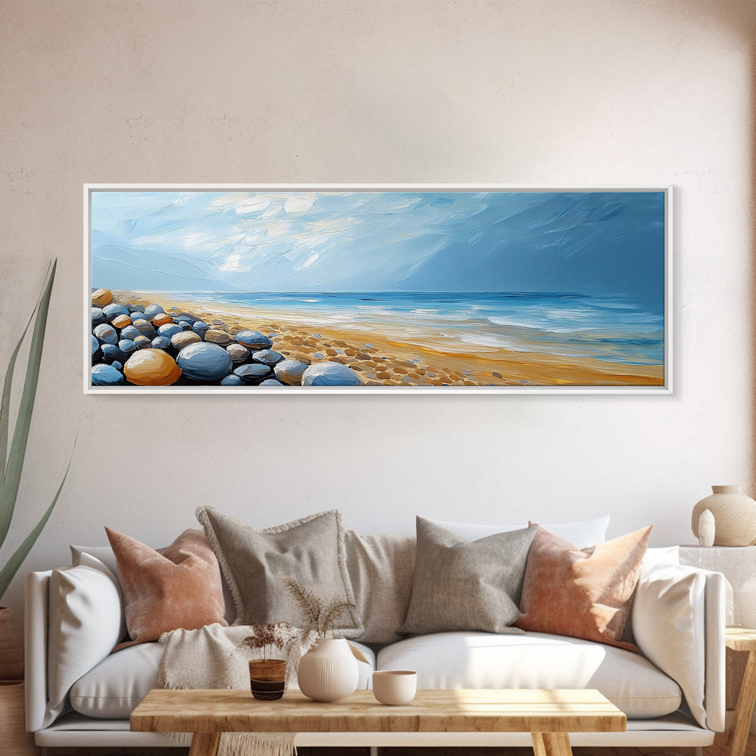 Pebble Beach Seascape Framed Canvas Print Coastal Landscape Wall Art, Serene Ocean Painting, Nautical Bathroom Decor, Minimalist Art