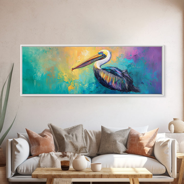 Pelican Abstract Framed Canvas Print Coastal Bird Wall Art, Vibrant Nautical Painting, Beach House Decor, Modern Wildlife Artwork