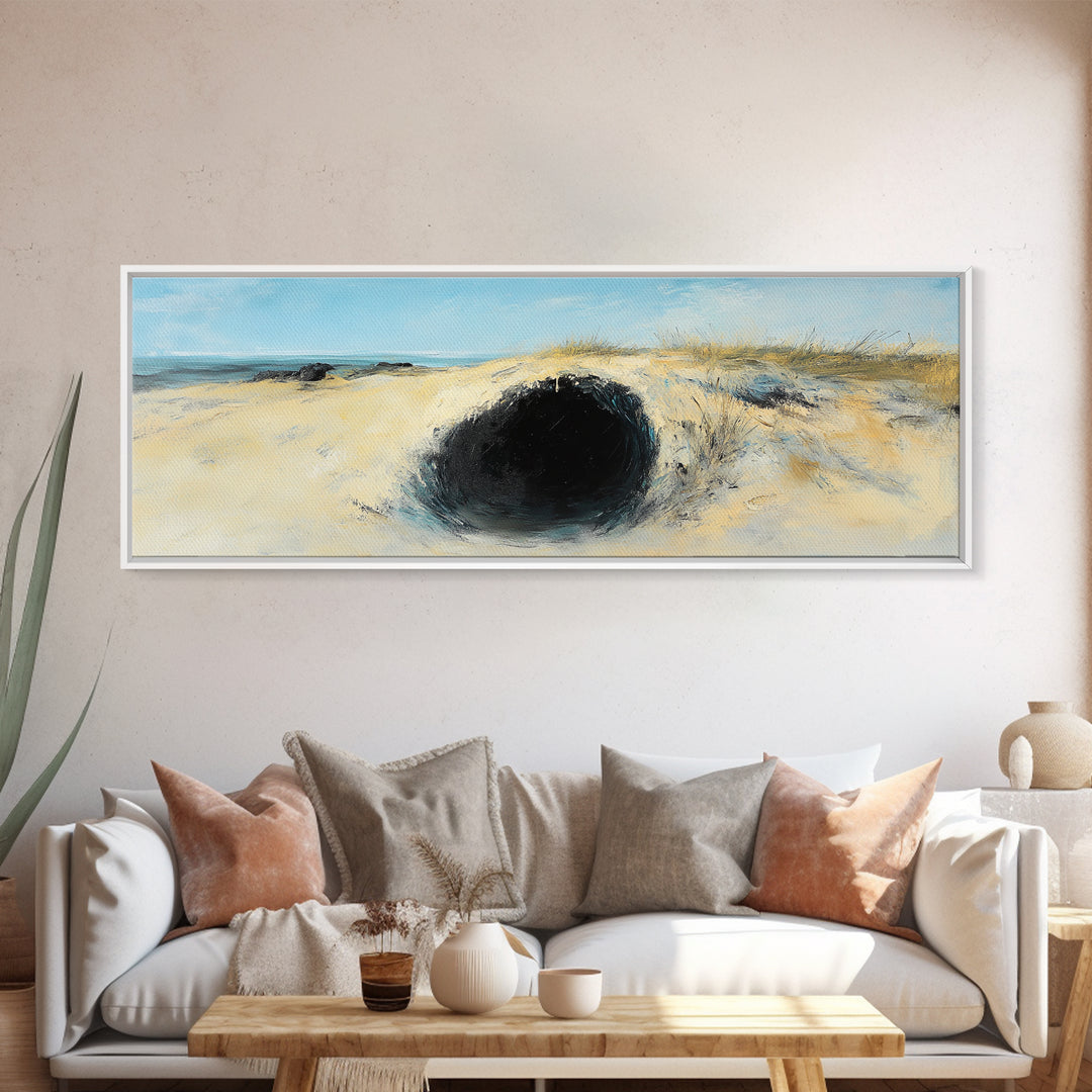 Desert Hole Mystery Framed Canvas Print - Surreal Sand Dune Painting, Minimalist Earthy Wall Art, Unique Living Space