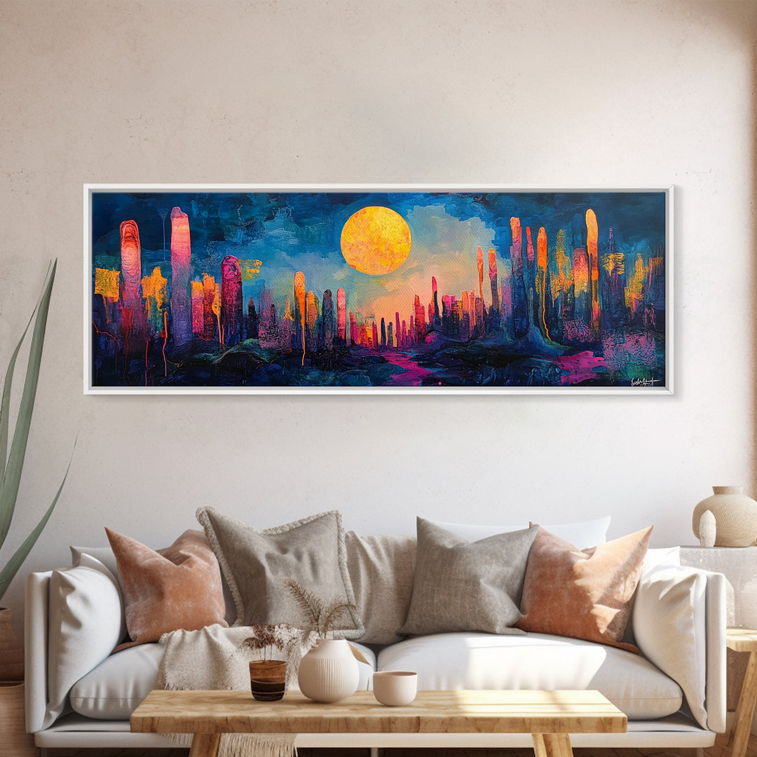 Neon Moon Fantasy Canvas Print - Vibrant Sci-Fi Cityscape Painting, Psychedelic Wall Art, Trippy Room Aesthetic, Urban Decor