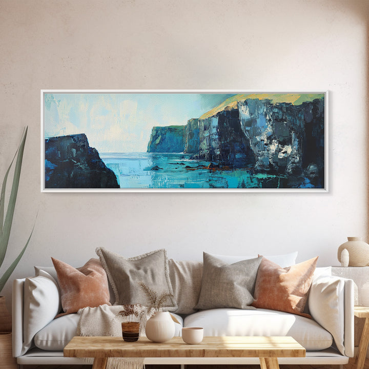 Coastal Cliffs Canvas Print Seascape Wall Art Ocean Waves Painting Nautical Decor Blue Tones Abstract Beach House Living Room Art