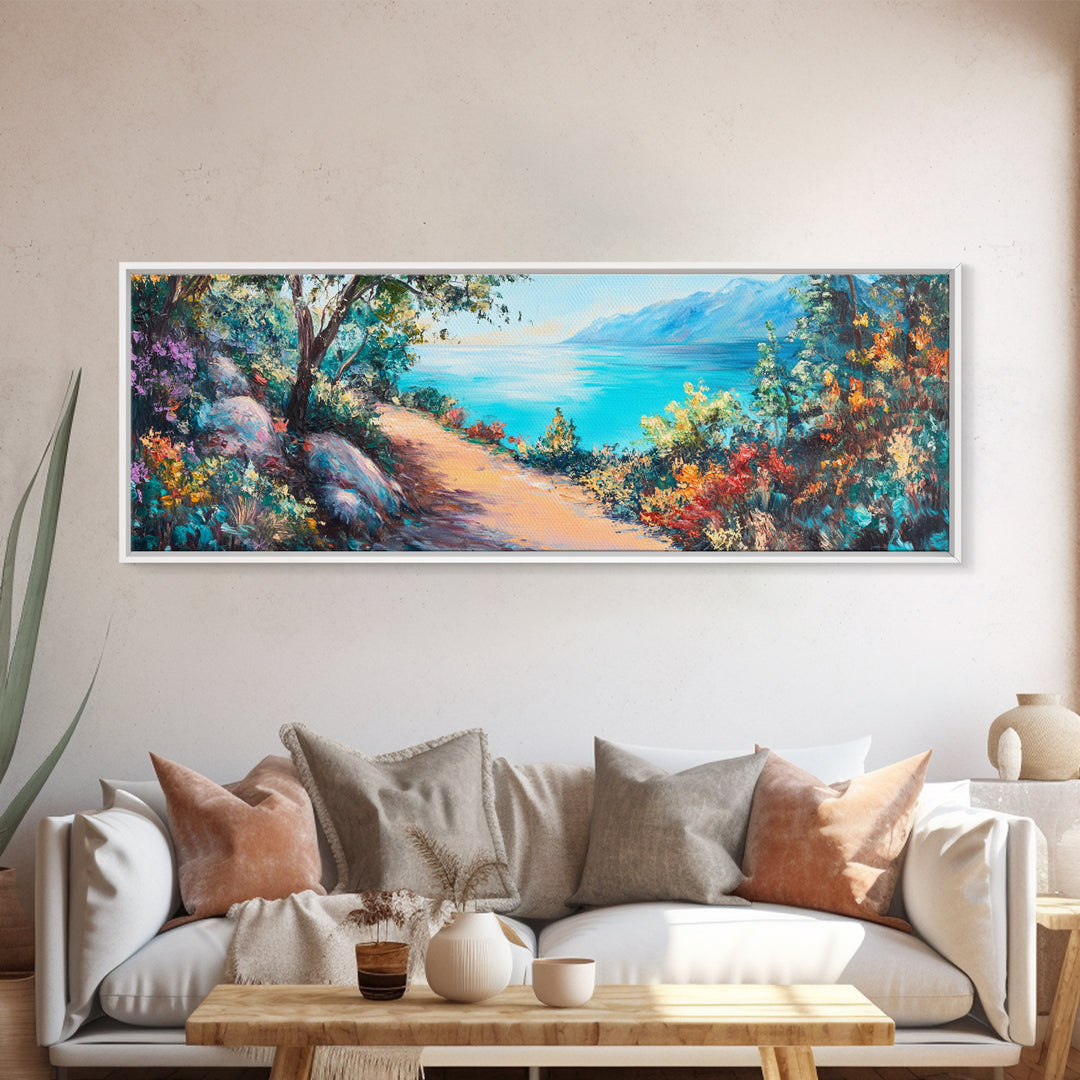 Coastal Pathway Painting Vibrant Beach Landscape Art Mediterranean Seaside Wall Decor Nature Artwork Living Room