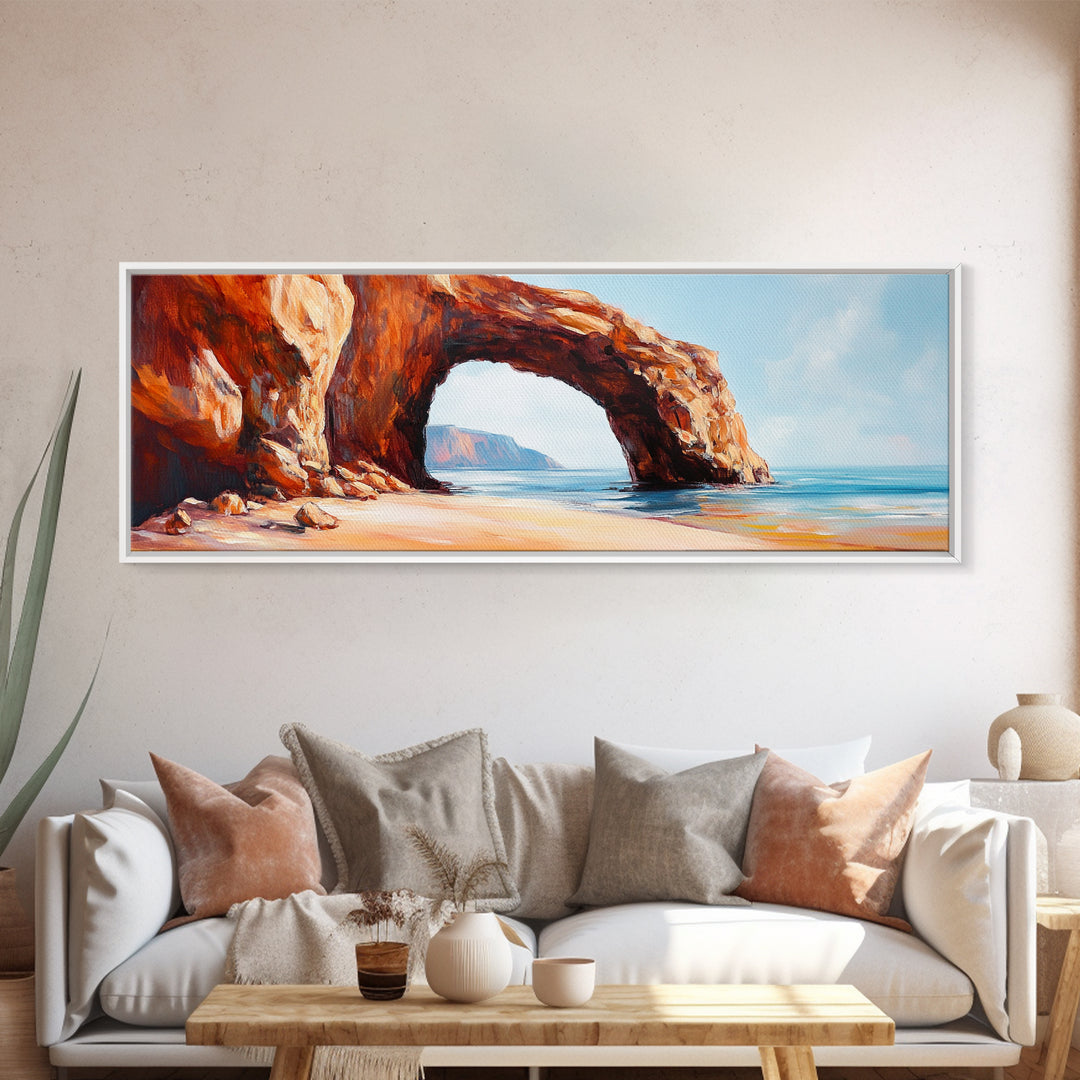 Natural Rock Arch Painting Coastal Cliff Seascape Wall Art Earthy Ocean Landscape Artwork Canvas Print Beach House Decor