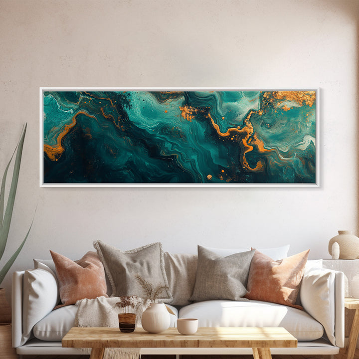 Abstract Fluid Painting Turquoise and Gold Swirl Wall Art Marble Aesthetic Artwork Luxury Modern Decor Dining Room
