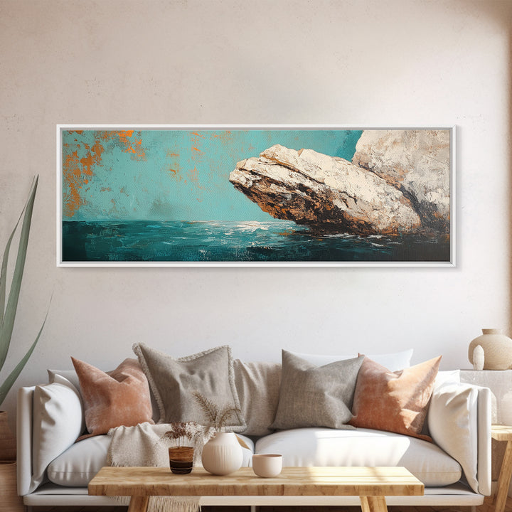Coastal Rock Formation Framed Canvas Print, Ocean Cliff Painting, Nautical Wall Art, Beach House Decor, Textured Landscape Artwork