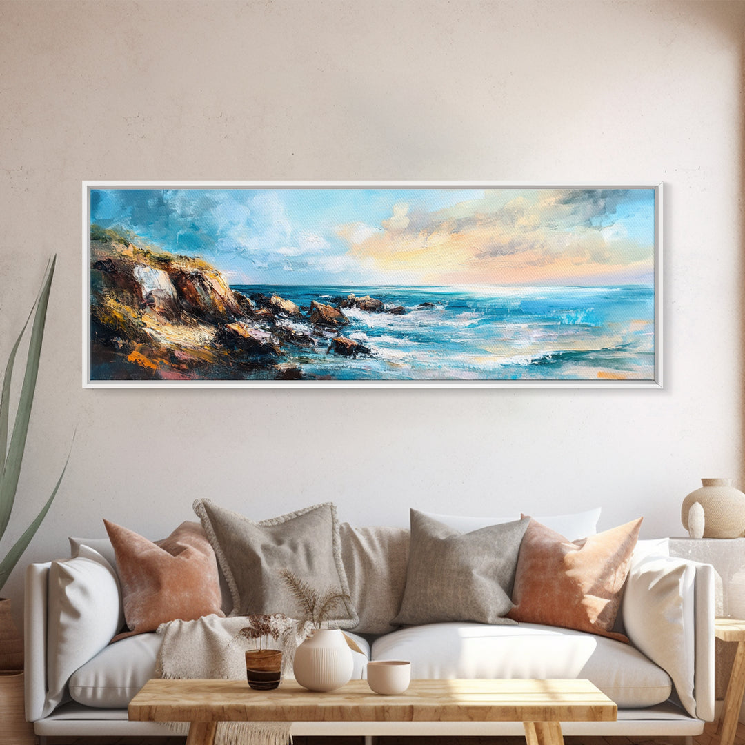 Rocky Ocean Shoreline Framed Canvas Print, Textured Seascape Painting, Beach House Wall Art, Coastal Living Room Decor, Wave Artwork