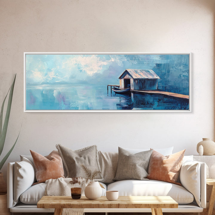 Blue Boathouse Canvas Print Tranquil Lake Scene Wall Art Nautical Cabin Decor Coastal Painting Minimalist Blue Wall Art Living Room