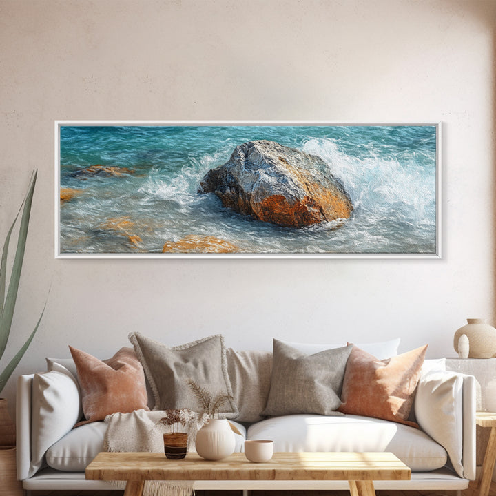 Ocean Rock Waves Framed Canvas Print Coastal Nature Wall Art, Beach Landscape Painting, Rustic Seascape Decor, Home Accent