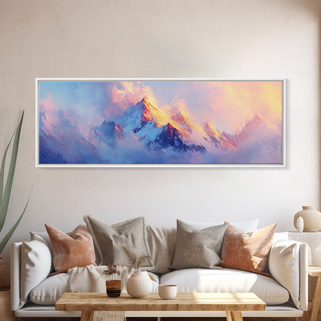 Dreamy Sunset Mountains Canvas Print Ethereal Landscape Art Pastel Sky Snowy Peaks Wall Decor Serene Bedroom Painting