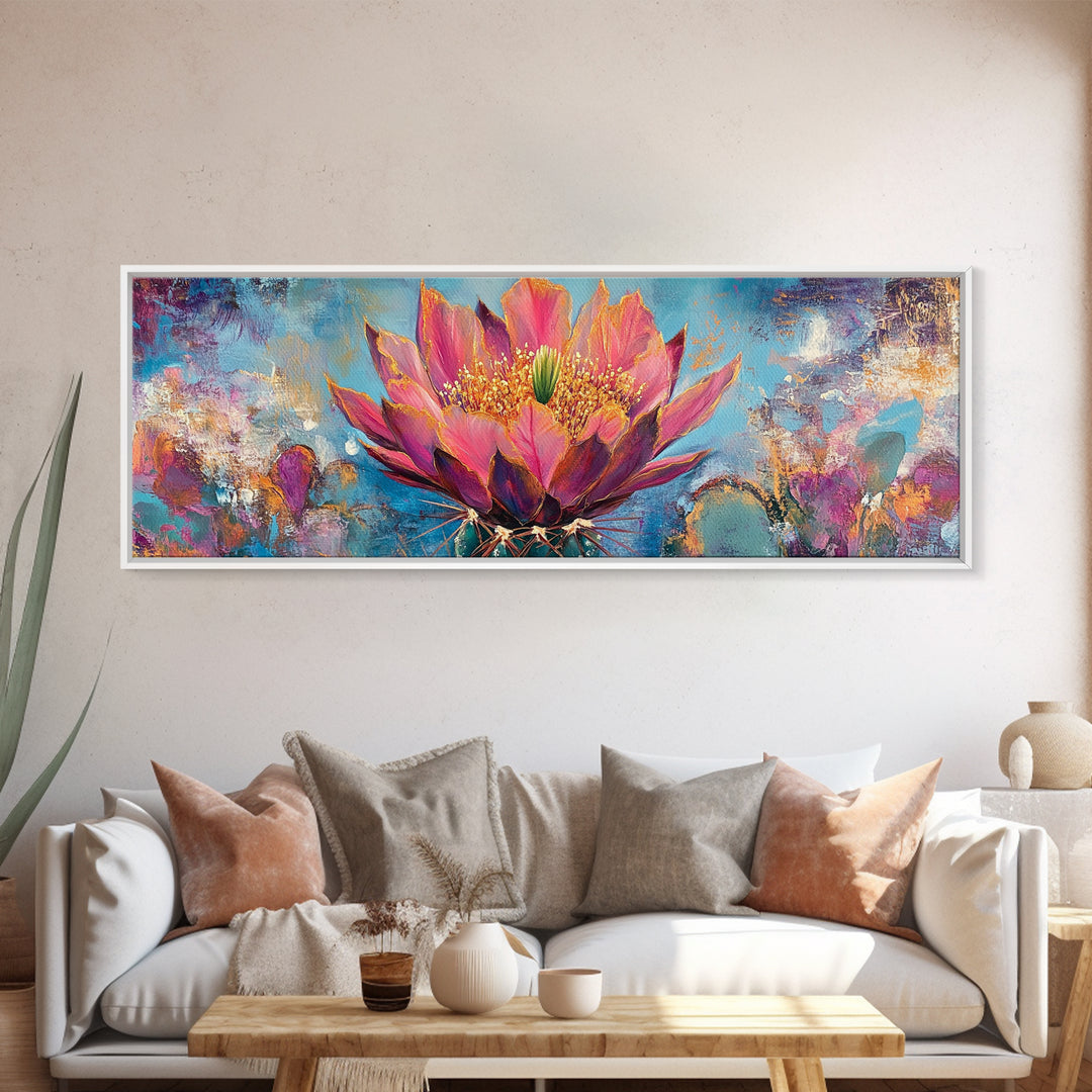 Blooming Cactus Art Framed Canvas Print Boho Floral Wall Art Desert Home Decor Vibrant Succulent Painting Southwestern Gift