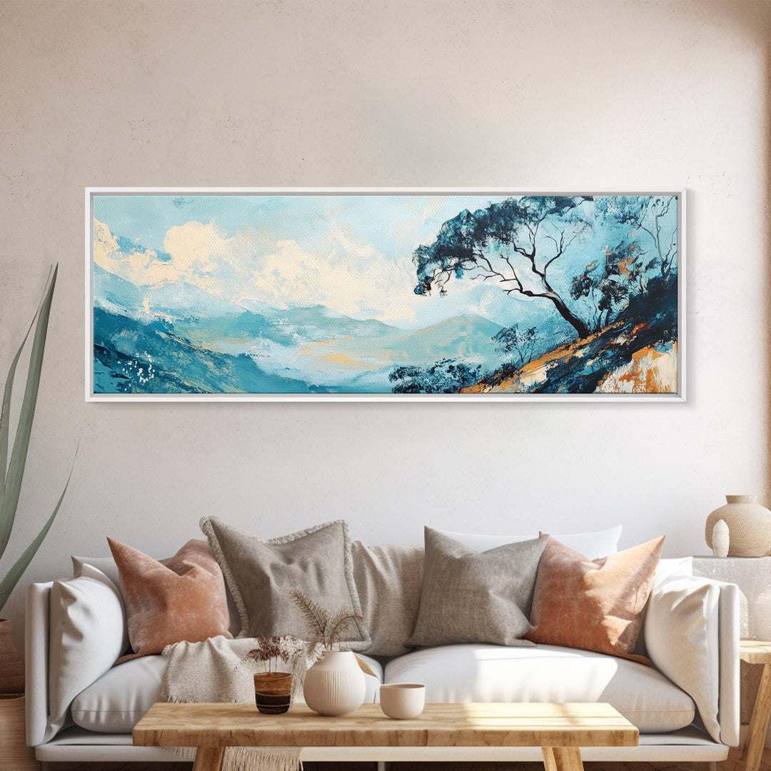 Blue Mountains, Windswept Tree, Minimalist Wall Art, Canvas Print, Modern Landscape, Bedroom Decor, Serene Nature Painting, Abstract Art
