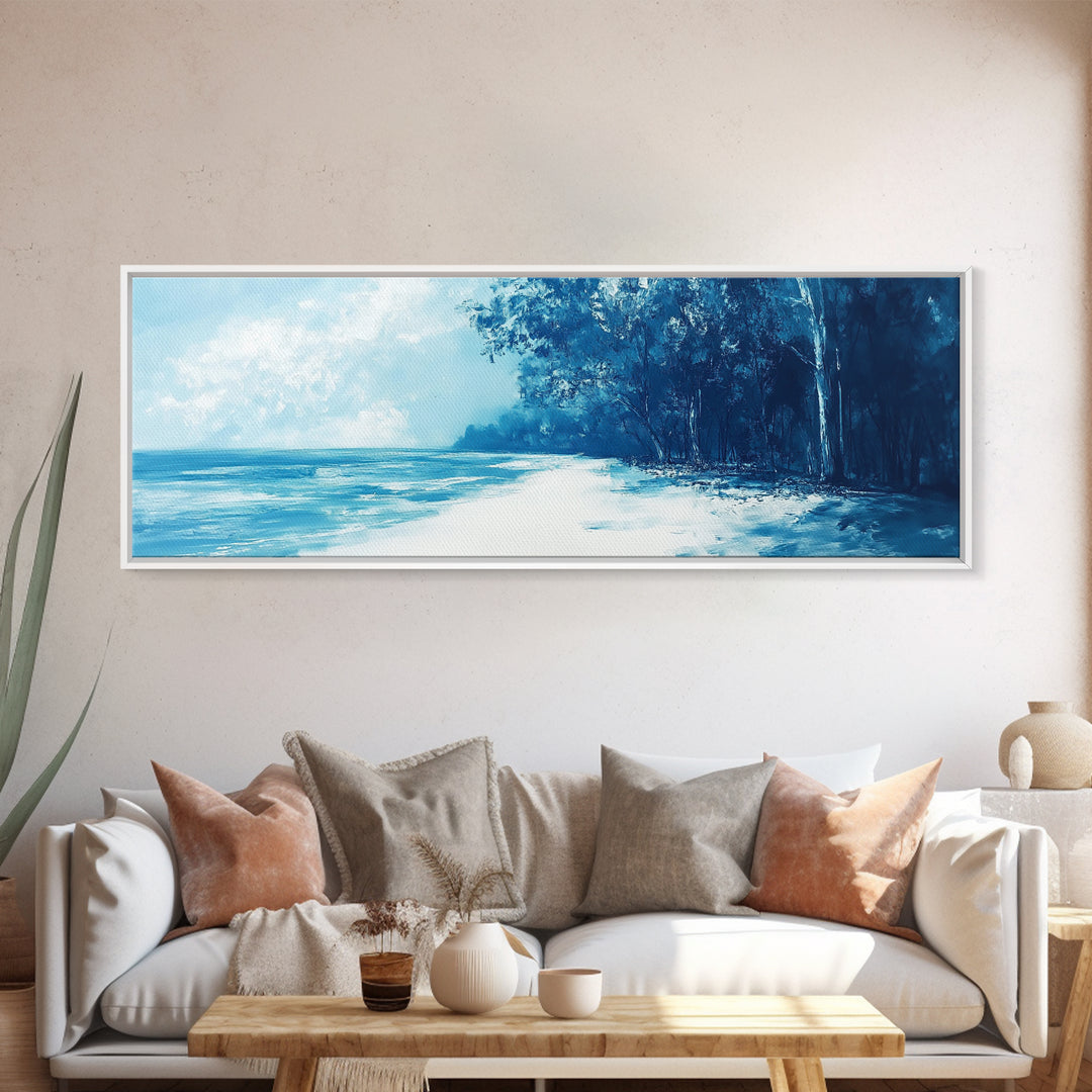Ocean Shore, Coastal Landscape, Nautical Wall Art, Framed Canvas Print, Beach House Decor, Monochrome Seascape, Tranquil Art, Water Scene