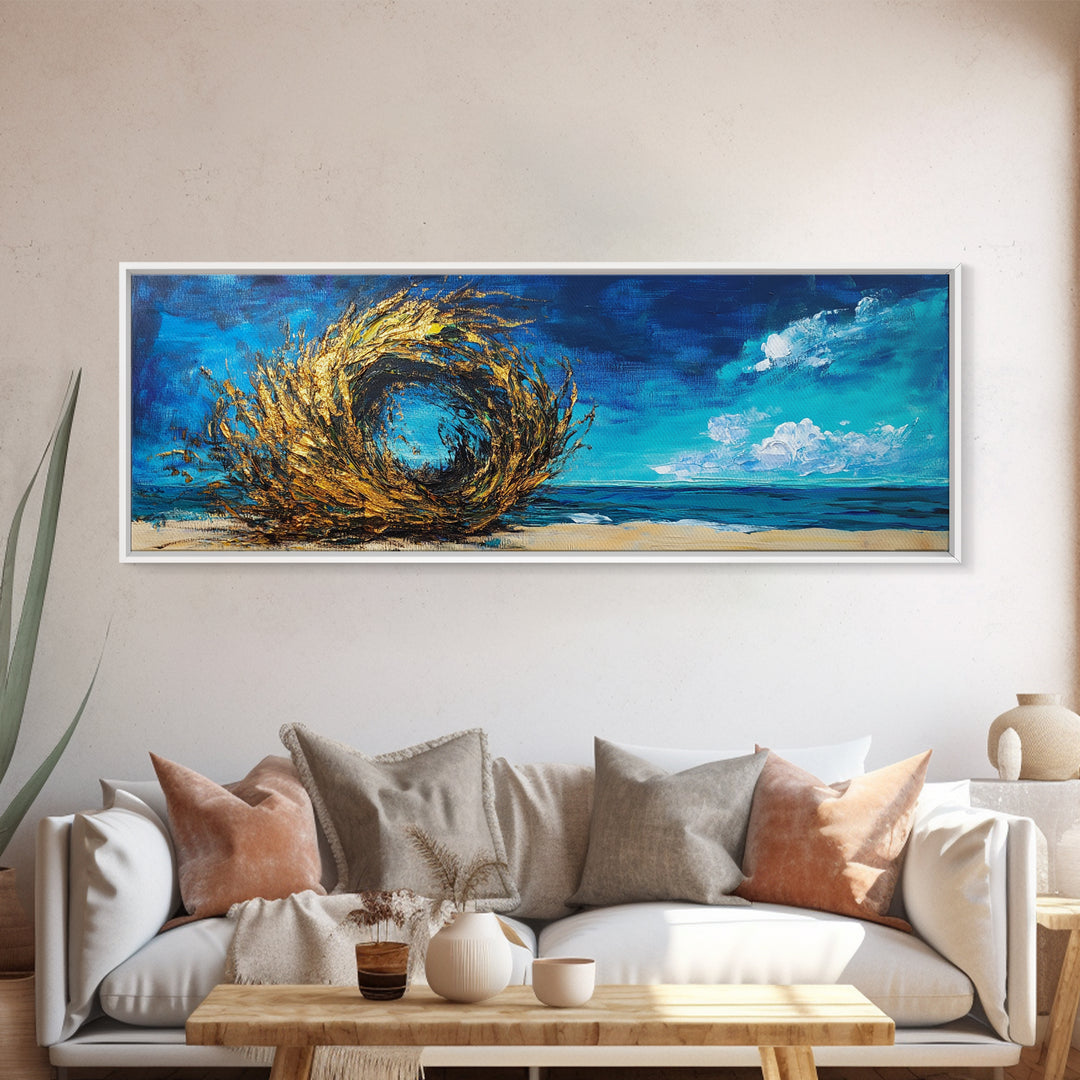 Ocean Swirl, Golden Waves, Abstract Beach Art, Framed Canvas Print, Modern Coastal Decor, Statement Wall Art, Ocean Vortex, Vibrant Blue